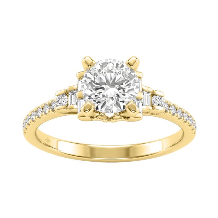 Round Diamond Engagement Ring 1 1/4Ct 14K Yellow Gold Ring With Round & Baguette Accent Diamonds For Women 1Ct Round Center Stone (Color F-G -Clar - Image 1