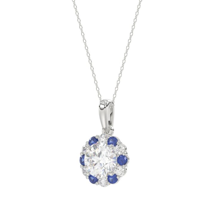 14K WHITE GOLD 1 1/4CT ROUND/ ROUND BLUE SAPPHIRE DIAMOND LADIES PENDANT (CENTER STONE ROUND DIAMOND 1CT) - Image 3
