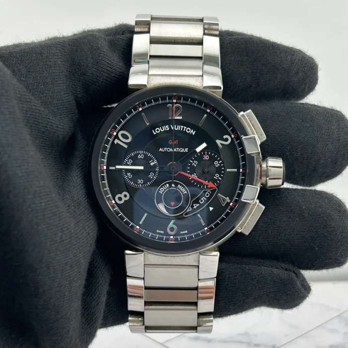 Louis Vuitton Tambour Chronograph GMT Black Dial on Stainless Steel Bracelet Ref. Q1052 with Papers 2016 - Image 2