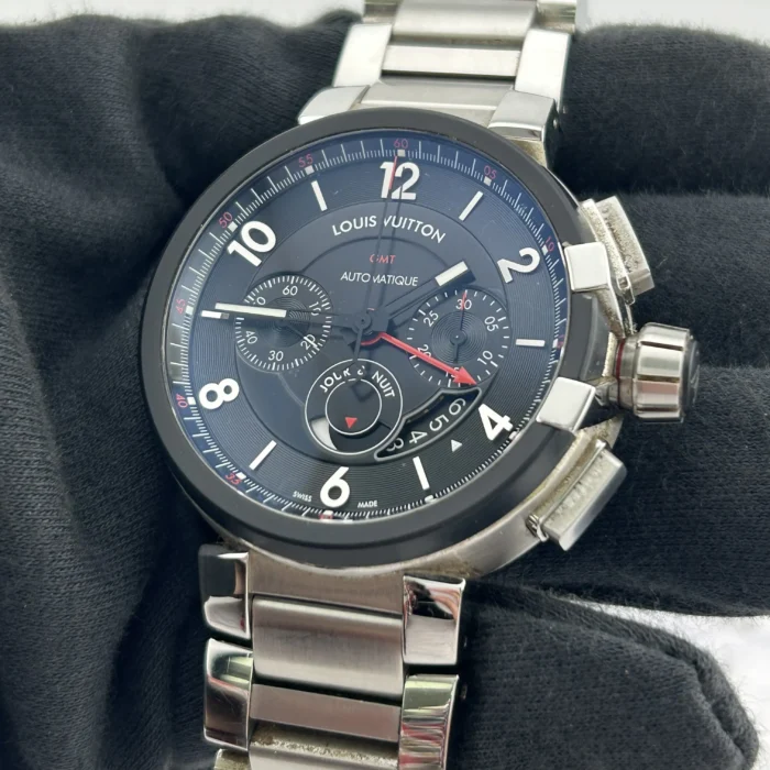 Louis Vuitton Tambour Chronograph GMT Black Dial on Stainless Steel Bracelet Ref. Q1052 with Papers 2016 - Image 3