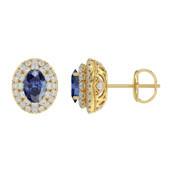 Luxury 14K Yellow Gold Earrings With Oval Sapphire And Round Diamond Accents. A Classic And Elegant 1.88Ct Fine Jewelry Design For Her. - Image 2