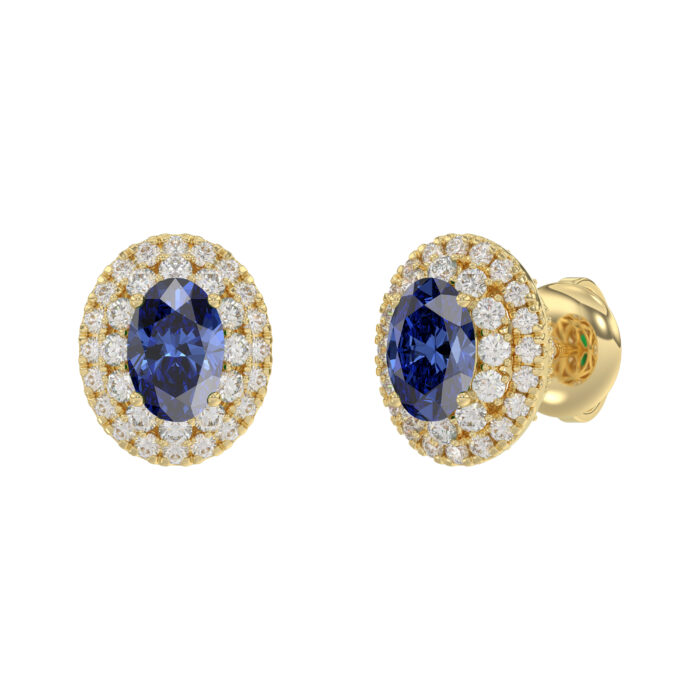 Luxury 14K Yellow Gold Earrings With Oval Sapphire And Round Diamond Accents. A Classic And Elegant 1.88Ct Fine Jewelry Design For Her. - Image 3