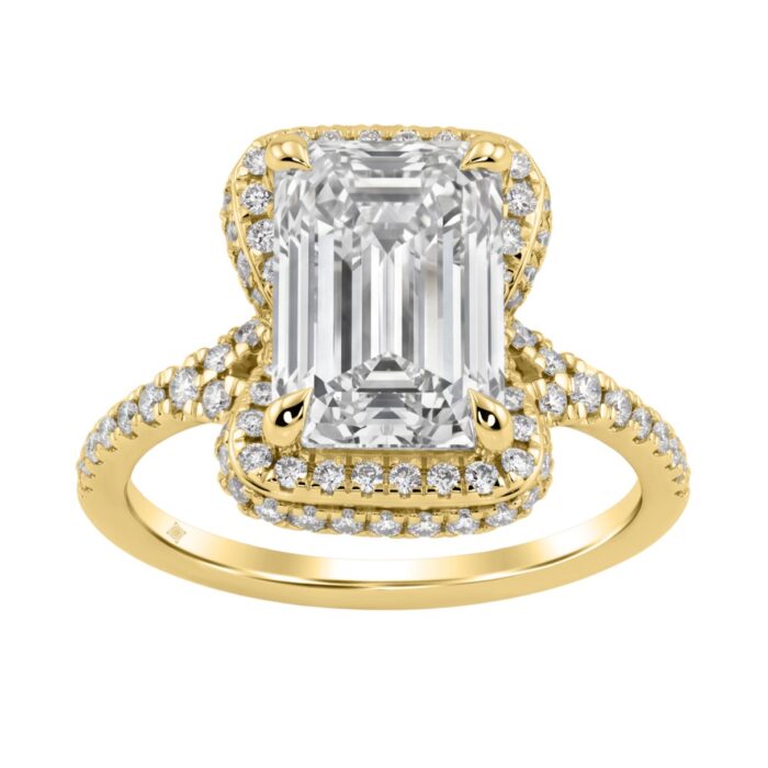 20909378_EC-152744Y-1214x1214.jpg 14K Yellow Gold 4 1/2Ct Ladies Emerald-Cut Hidden Halo Engagement Ring 4Ct Emerald Center Stone & Round Diamond (Color F-G -Clarity Vs1/Vs2) - Image 1