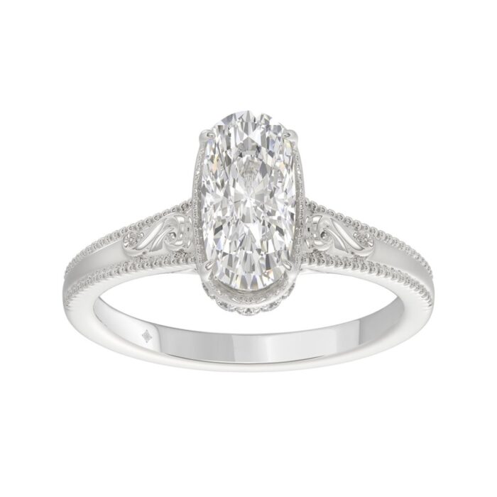 LADIES 14K White Gold 2 1/6Ct Diamond Engagement Ring Elongated Cushion Cut Center With Round Side Stones, Elegant Fine Ring 2Ct Cushion Center Stone - Image 1