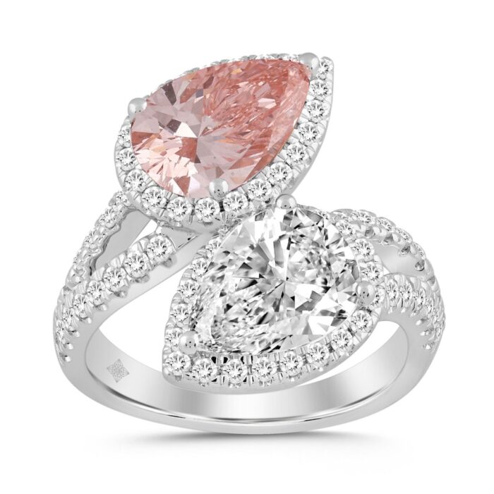 ETERNAL BLUSH COLLECTION LADIES RING 4 3/4CT ROUND/PEAR DIAMOND 14K WHITE GOLD (CENTER STONE PINK PEAR DIAMOND 2CT) - Image 1