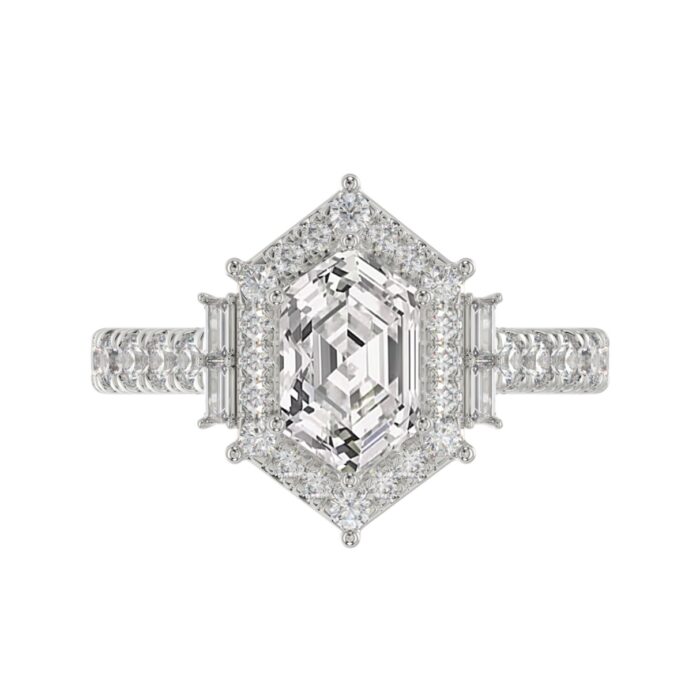 14K WHITE GOLD 2 1/4CT ROUND/BAGUETTE/HEXAGON DIAMOND LADIES RING - Image 2