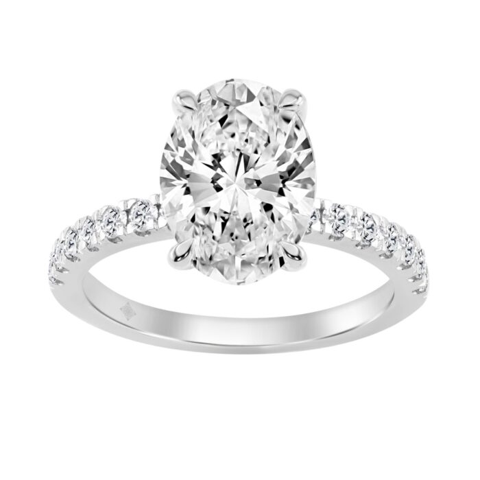 14K WHITE GOLD 3 1/2CT ROUND/OVAL DIAMOND LADIES RING (CENTER STONE OVAL DIAMOND 3CT) - Image 1