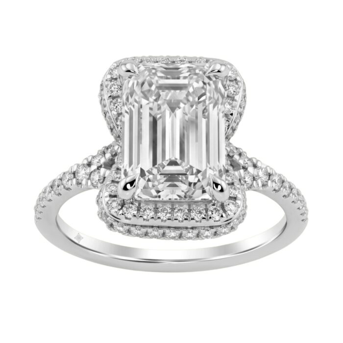 14K White Gold 4 1/2Ct Ladies Emerald-Cut Hidden Halo Engagement Ring 4Ct Emerald Center Stone & Round Diamond (Color F-G -Clarity Vs1/Vs2) - Image 1