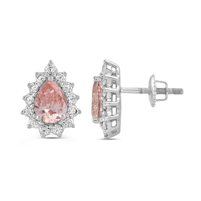 ETERNAL BLUSH COLLECTION LADIES EARRINGS 3CT ROUND/PEAR DIAMOND 14K WHITE GOLD (CENTER STONE PINK PEAR DIAMOND 1CT) - Image 2