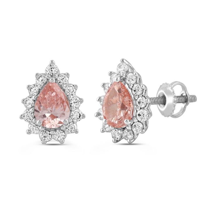 ETERNAL BLUSH COLLECTION LADIES EARRINGS 3CT ROUND/PEAR DIAMOND 14K WHITE GOLD (CENTER STONE PINK PEAR DIAMOND 1CT) - Image 3