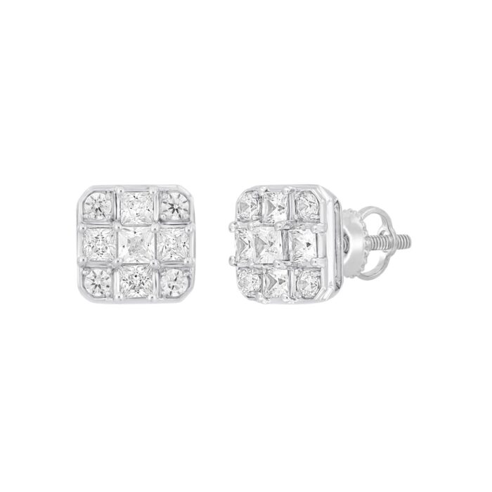 LADIES EARRINGS 1CT ROUND/PRINCESS DIAMOND 14K WHITE GOLD - Image 2