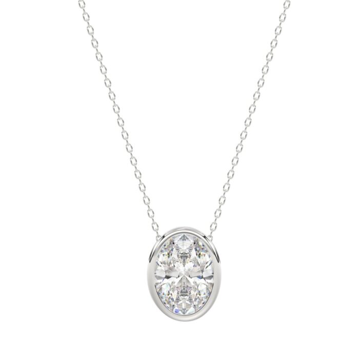 LADIES SOLITAIRE PENDANT 1CT OVAL DIAMOND 14K WHITE GOLD WITH CHAIN - Image 1