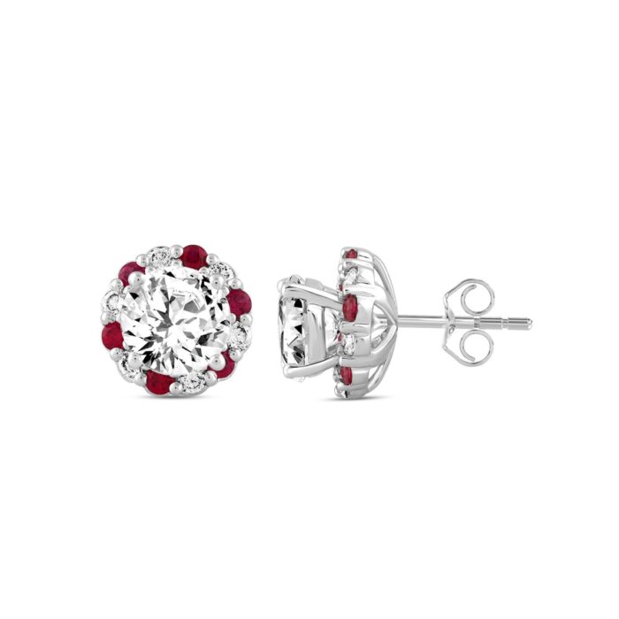 14K WHITE GOLD 2 1/2CT ROUND/RUBY DIAMOND LADIES EARRINGS (CENTER STONE ROUND DIAMOND 2CT) - Image 2