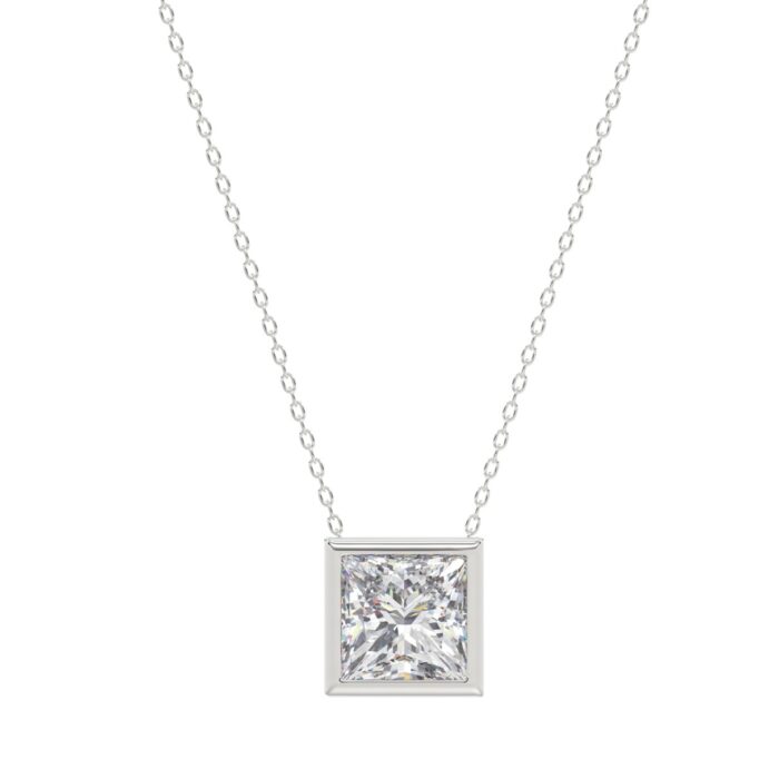 LADIES SOLITAIRE PENDANT 1CT PRINCESS DIAMOND 14K WHITE GOLD WITH CHAIN - Image 1