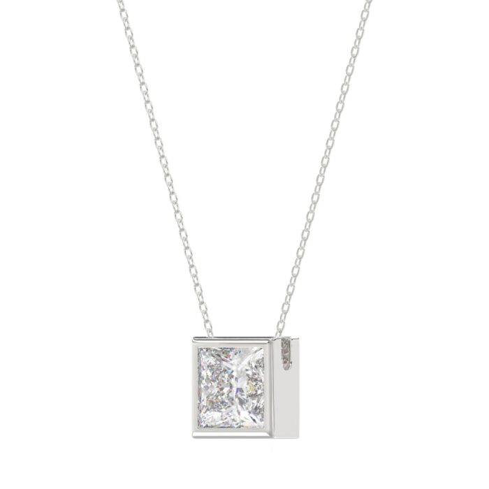 LADIES SOLITAIRE PENDANT 1CT PRINCESS DIAMOND 14K WHITE GOLD WITH CHAIN - Image 3