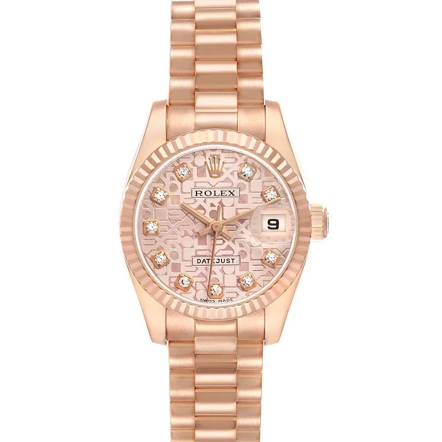 20910556_gllqj9yuulyl1nyh0jyxly53m22y.webp Rolex Datejust Lady President Pink Anniversary Diamond Factory Dial on President Bracelet Ref. 179175 with Card (Old Green) 2013 - Image 1