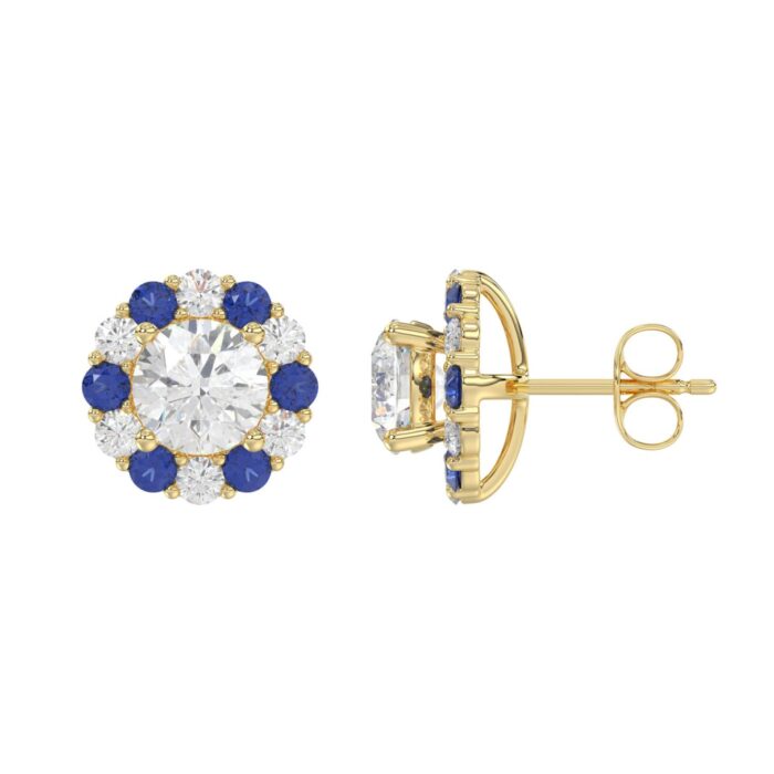 14K YELLOW GOLD 2 5/8CT ROUND/ ROUND BLUE SAPPHIRE DIAMOND LADIES EARRING (CENTER STONE ROUND DIAMOND 2CT) - Image 2