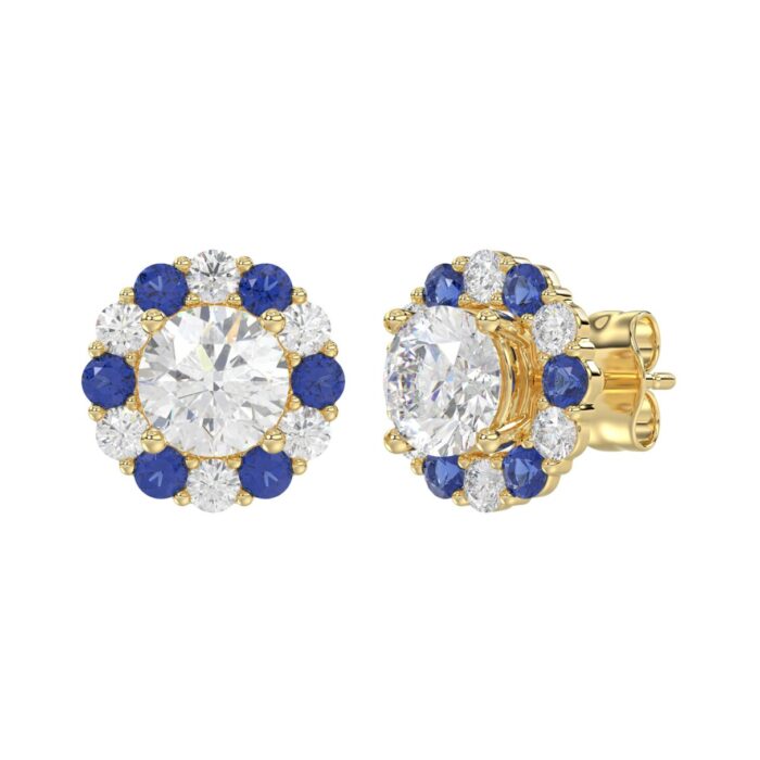 14K YELLOW GOLD 2 5/8CT ROUND/ ROUND BLUE SAPPHIRE DIAMOND LADIES EARRING (CENTER STONE ROUND DIAMOND 2CT) - Image 3