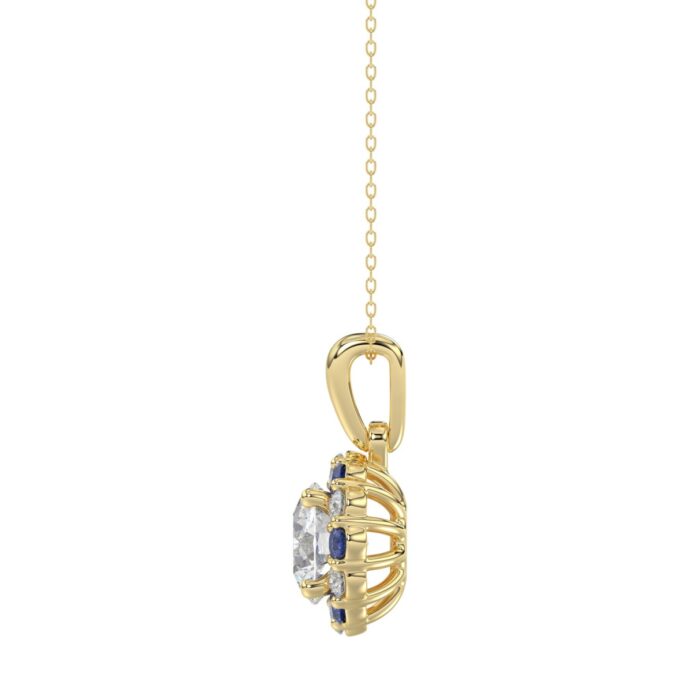 14K YELLOW GOLD 1 1/4CT ROUND/ ROUND BLUE SAPPHIRE DIAMOND LADIES PENDANT (CENTER STONE ROUND DIAMOND 1CT) - Image 2