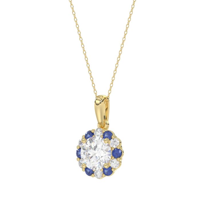 14K YELLOW GOLD 1 1/4CT ROUND/ ROUND BLUE SAPPHIRE DIAMOND LADIES PENDANT (CENTER STONE ROUND DIAMOND 1CT) - Image 3