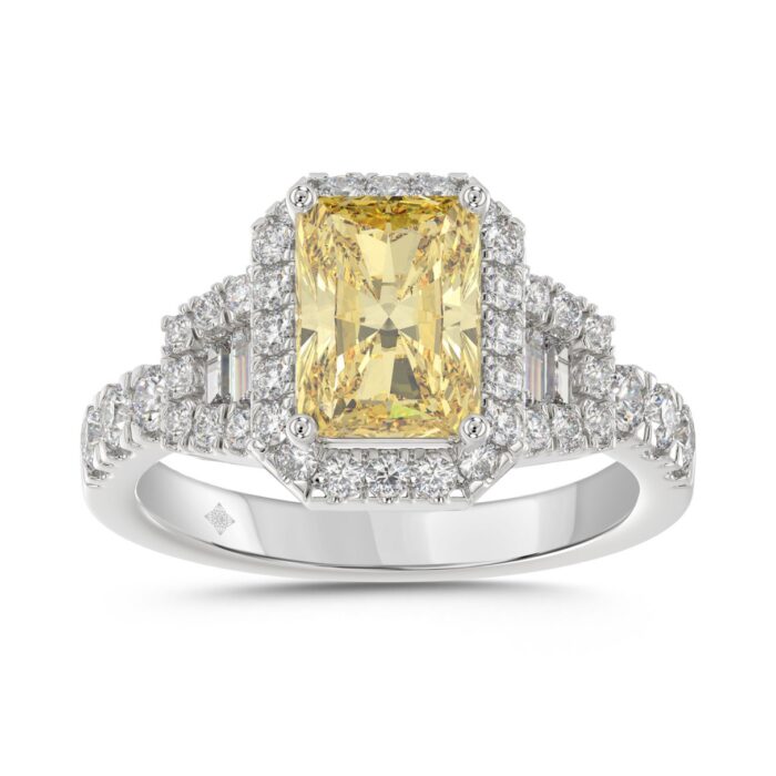Luxury 14K White Gold 2.3/4Ct Round/Baguette & Radiant Lab Grown Diamond Engagement Halo Ring Yellow 2.00 Ct Radiant Cut Center - Image 1
