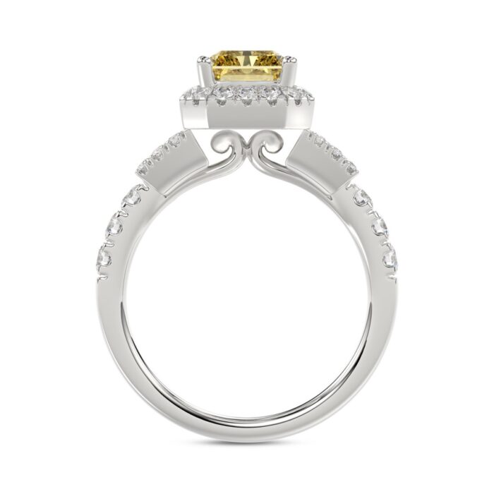 Luxury 14K White Gold 2.3/4Ct Round/Baguette & Radiant Lab Grown Diamond Engagement Halo Ring Yellow 2.00 Ct Radiant Cut Center - Image 2