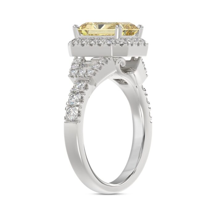 Luxury 14K White Gold 2.3/4Ct Round/Baguette & Radiant Lab Grown Diamond Engagement Halo Ring Yellow 2.00 Ct Radiant Cut Center - Image 3