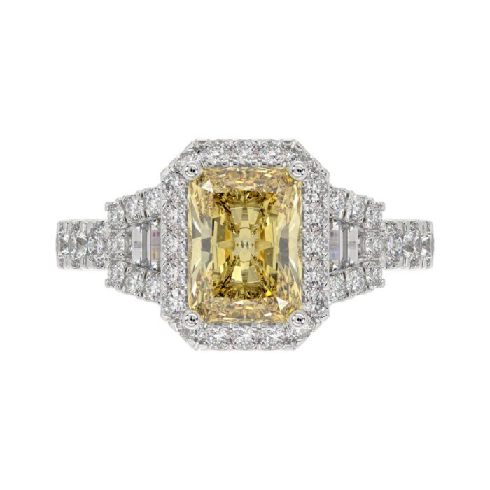 Luxury 14K White Gold 2.3/4Ct Round/Baguette & Radiant Lab Grown Diamond Engagement Halo Ring Yellow 2.00 Ct Radiant Cut Center - Image 5