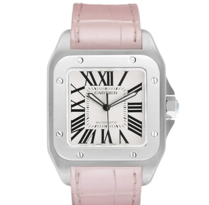 Cartier Santos 100 Silvere Opaline Roman Numeral Dial on Pink Leather Band Ref. W20126X8 with Card 2017 - Image 1