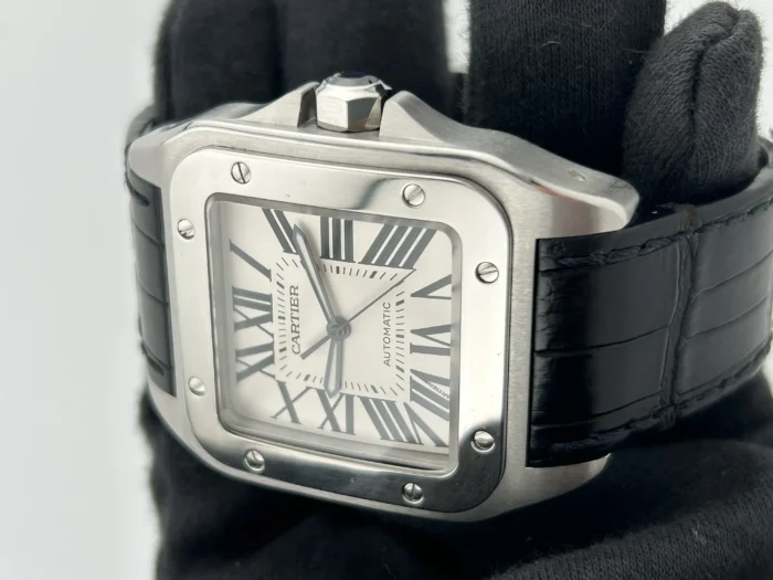 Cartier Santos 100 Large Silver Roman Numerals Dial on Leather Ref. W2007GX with Manuals Only - Image 3