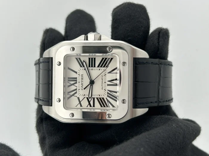 Cartier Santos 100 Large Silver Roman Numerals Dial on Leather Ref. W2007GX with Manuals Only - Image 2