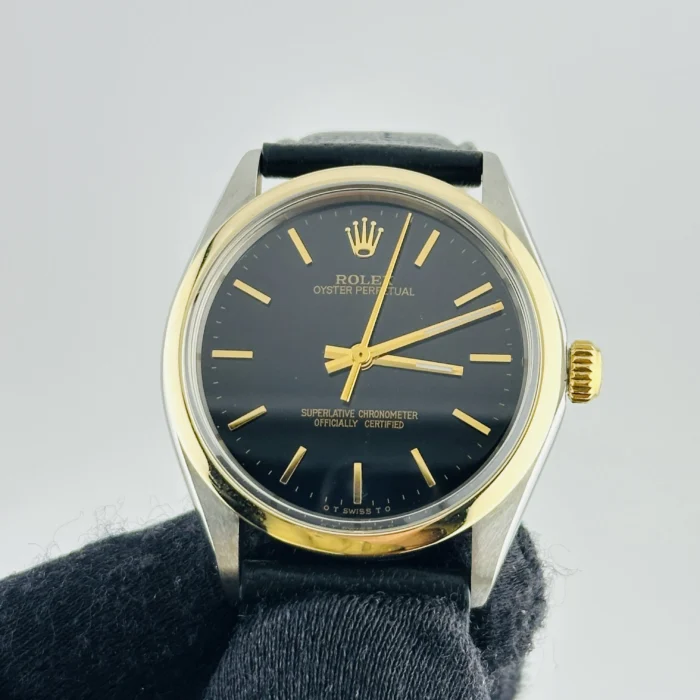 Rolex Oyster Perpetual Black / Gold Stick Sigma Dial on Generic Leather Band Ref. 1002 - Image 2