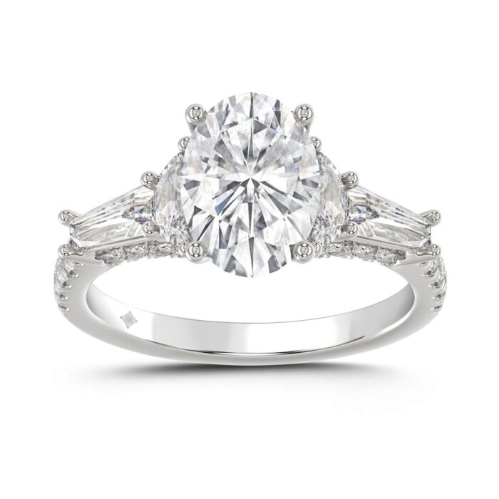 LADIES RING 3 1/2CT ROUND/HALF MOON/OVAL/TAPER BAGUETTE DIAMOND 14K WHITE GOLD (CENTER STONE OVAL DIAMOND 2CT ) - Image 1