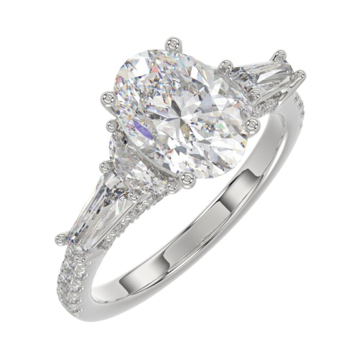 LADIES RING 3 1/2CT ROUND/HALF MOON/OVAL/TAPER BAGUETTE DIAMOND 14K WHITE GOLD (CENTER STONE OVAL DIAMOND 2CT ) - Image 4