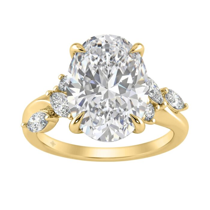 14K Yellow Gold 5 1/2Ct Lab-Grown Diamond Engagement Ring For Women 5Ct Oval Center Stone With Marquise/Round Side Stones, Luxury Bridal Ring (Color F - Image 1