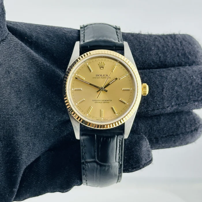 Rolex Oyster Perpetual Champagne stick Dial on Generic Leather Band Ref. 14233 - Image 2