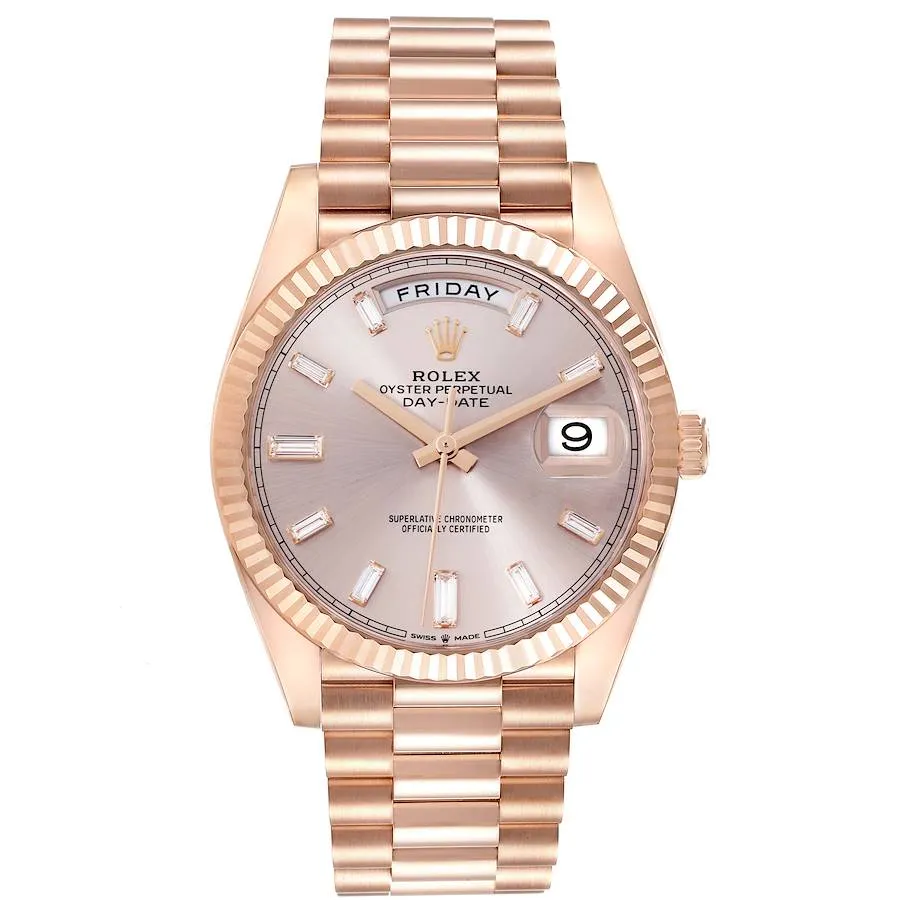 20926926_udikmifk0a1115m1pyk82wxhxgz2.webp Rolex Day Date Sundust Baguette Dial on President Bracelet Ref. 228235 with Card (New Style White) 2017 - Image 1