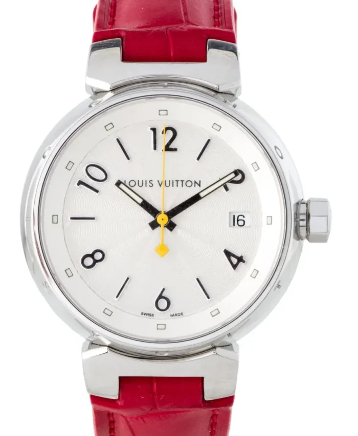 20927322_00daso94dh0z0rgb3gvwomj5hf3d.webp Louis Vuitton Tambour Silver Arabic Numerals Dial on Red Leather Band Ref. Q1310 - Image 1