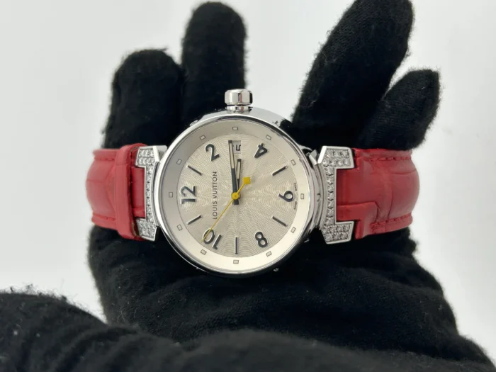 Louis Vuitton Tambour Silver Arabic Numerals Dial on Red Leather Band Ref. Q1310 - Image 2