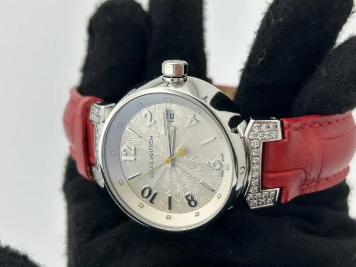 Louis Vuitton Tambour Silver Arabic Numerals Dial on Red Leather Band Ref. Q1310 - Image 3