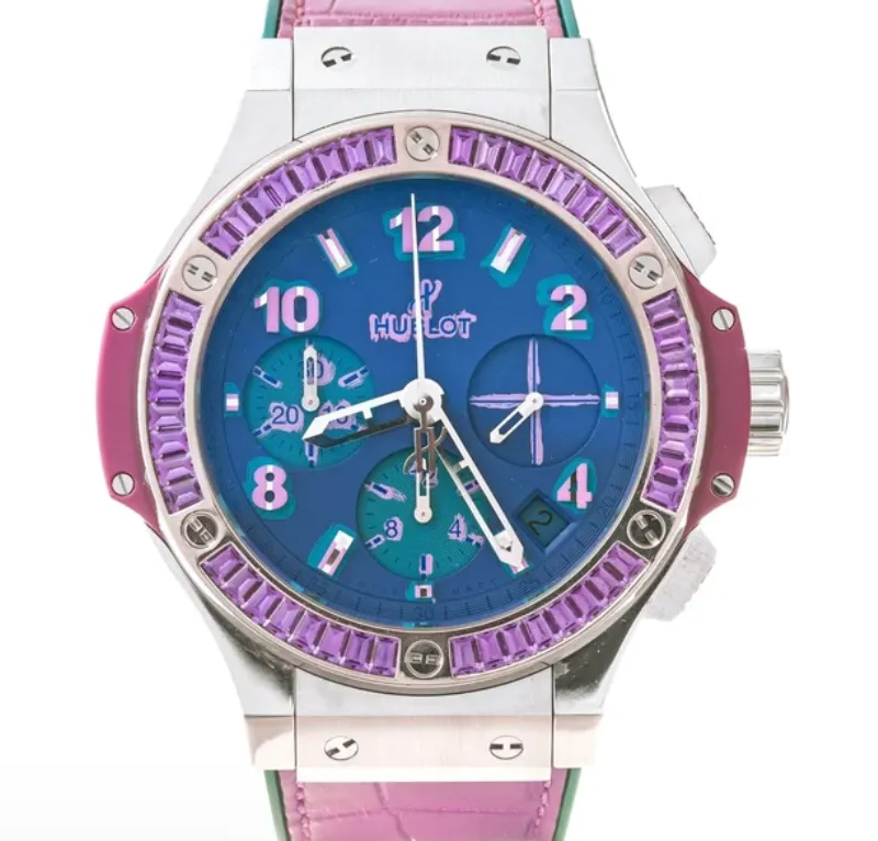 20927323_jf7dvhisqjaa4v9sk19fbwpvboaw.webp Hublot Big Bang Pop Art Amethyst Purple Dial on Pink & Blue Leather Band Ref. 341.SV.5199.LR.1905.PO - Image 1