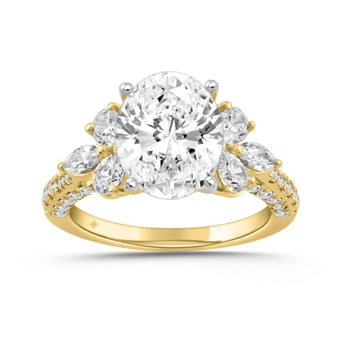 LADIES RING 4 1/3CT ROUND/PEAR/OVAL/MARQUISE DIAMOND 14K YELLOW GOLD (CENTER STONE OVAL DIAMOND 3.00CT) - Image 1