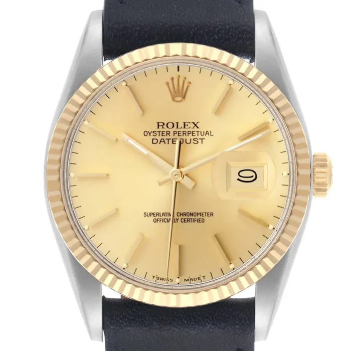 20928071_y6zc7g55cxnjm92pmay606onz1iv.webp Rolex Datejust Champagne Stick Dial on Generic Leather Band Ref. 16013 - Image 1