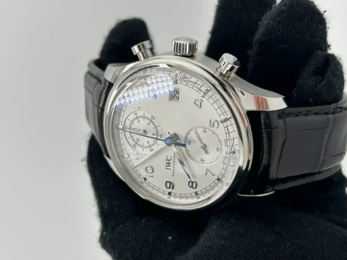 IWC Portugieser Chronograph Classic Silver Dial on Black Leather Strap Ref. 1W390403 - Image 3