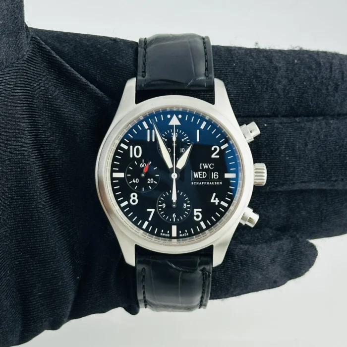 IWC Pilot Spitfire Carbon Arabic numeral Dial on black calfskin band. Ref. IW371701 with Manuals Only - Image 2
