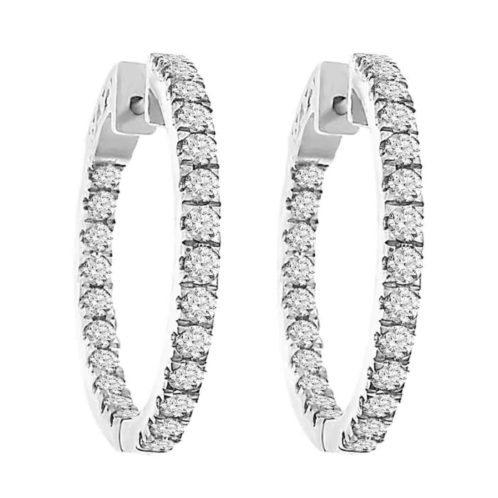 LADIES HOOPS EARRINGS 2.00CT ROUND DIAMOND 14K WHITE GOLD - Image 1