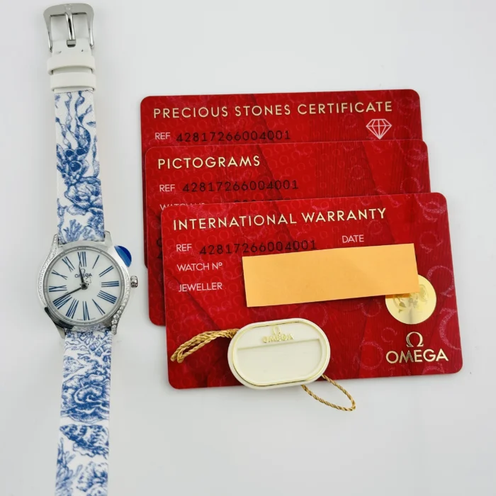 Omega De Ville Mini Tr√©sor Quartz White / Blue Roman markers Dial on Fabric Strap Ref. 428.17.26.60.04.001 with Card - Image 5