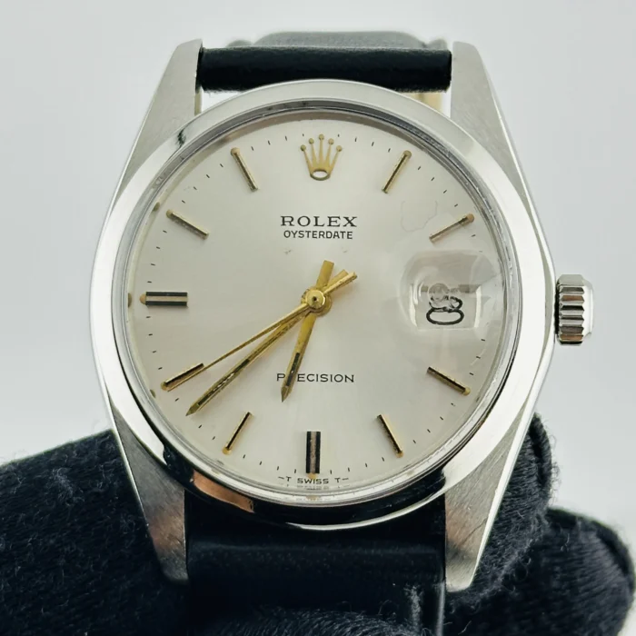 Rolex Oysterdate Precision Silver / Gold Stick Dial on Generic Black Leather Strap Ref. 6694 - Image 2
