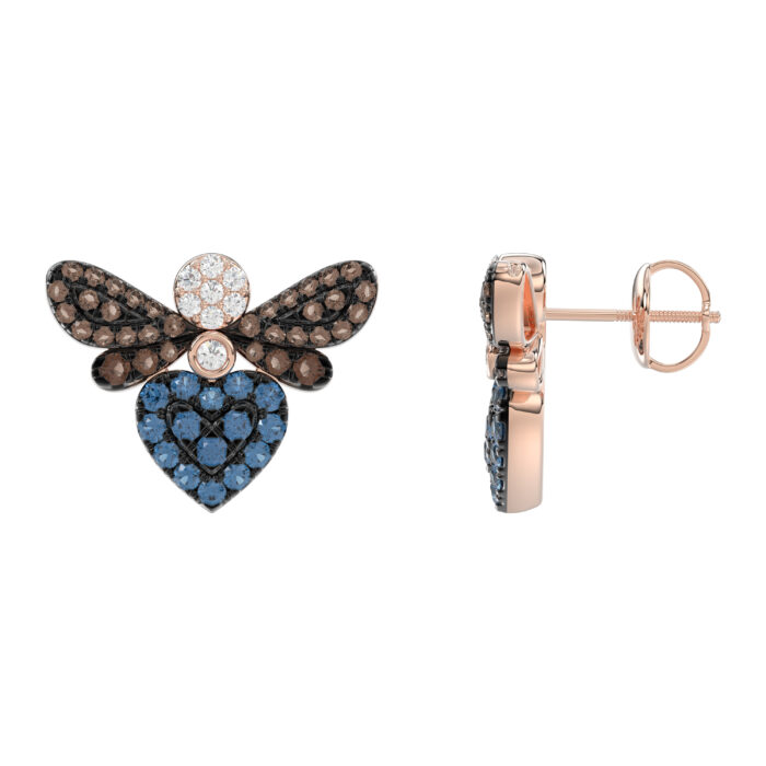 14K Rose Gold Ladies Butterfly Earring With Colorful Diamond Accents In Blue, Dark Brown, And Round Cuts. A Stylish 0.75 Ct Jewelry Earring - Image 2