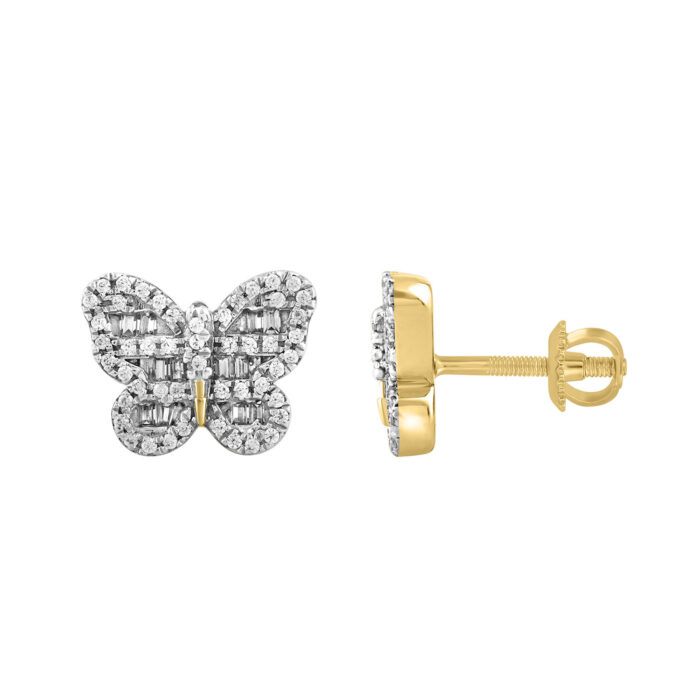 LADIES EARRINGS 0.33CT ROUND/BAGUETTE DIAMOND 14K YELLOW GOLD - Image 1
